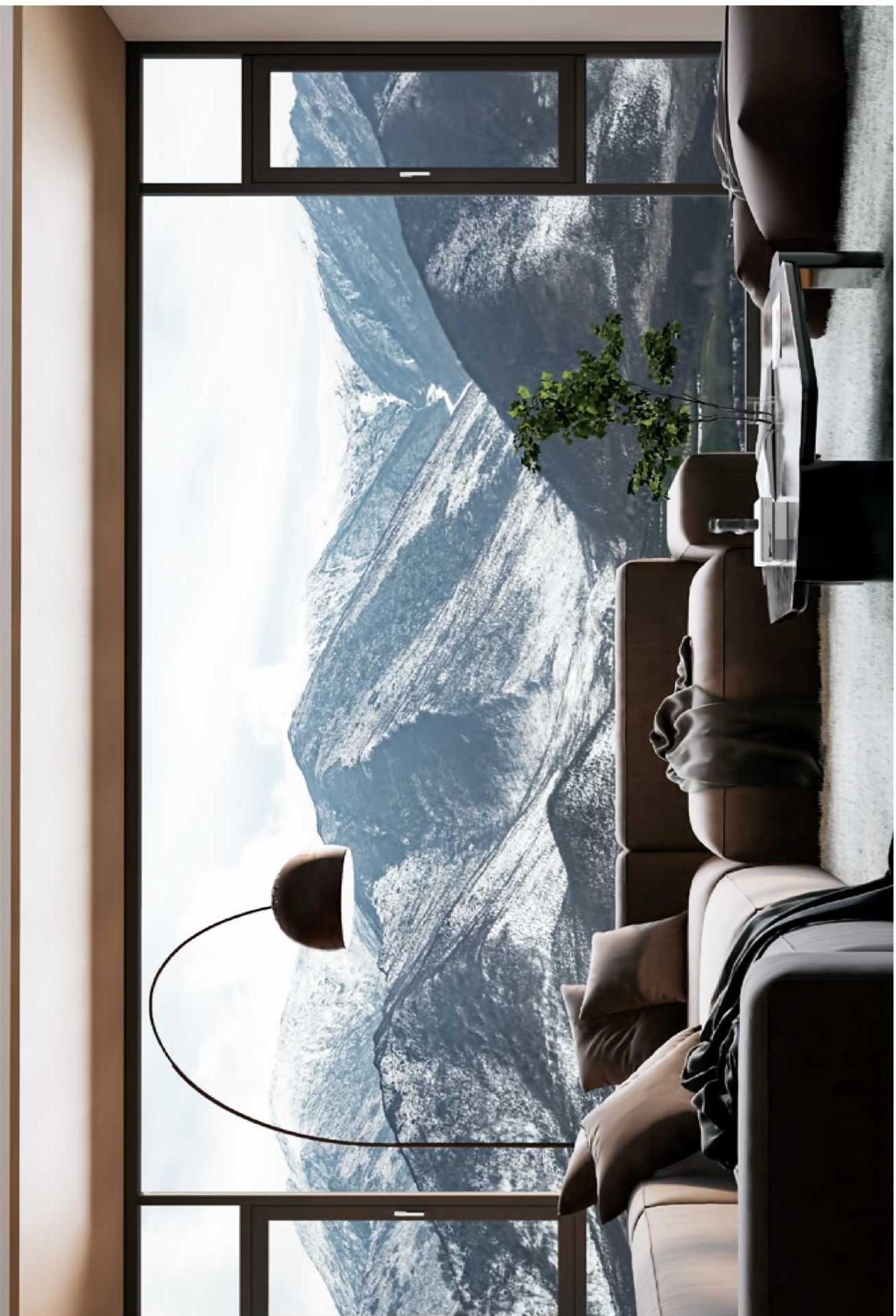 Living room with large aluminium window and mountain view